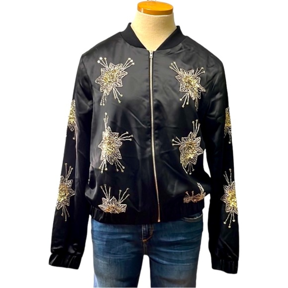 Endless Rose Sequin Bead Bomber Jacket, Black, Medium/Large